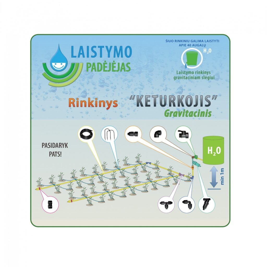Lašelinio laistymo rinkinys „Keturkojis“ gravitaciniam slėgiui (vamzdis - 10 m)