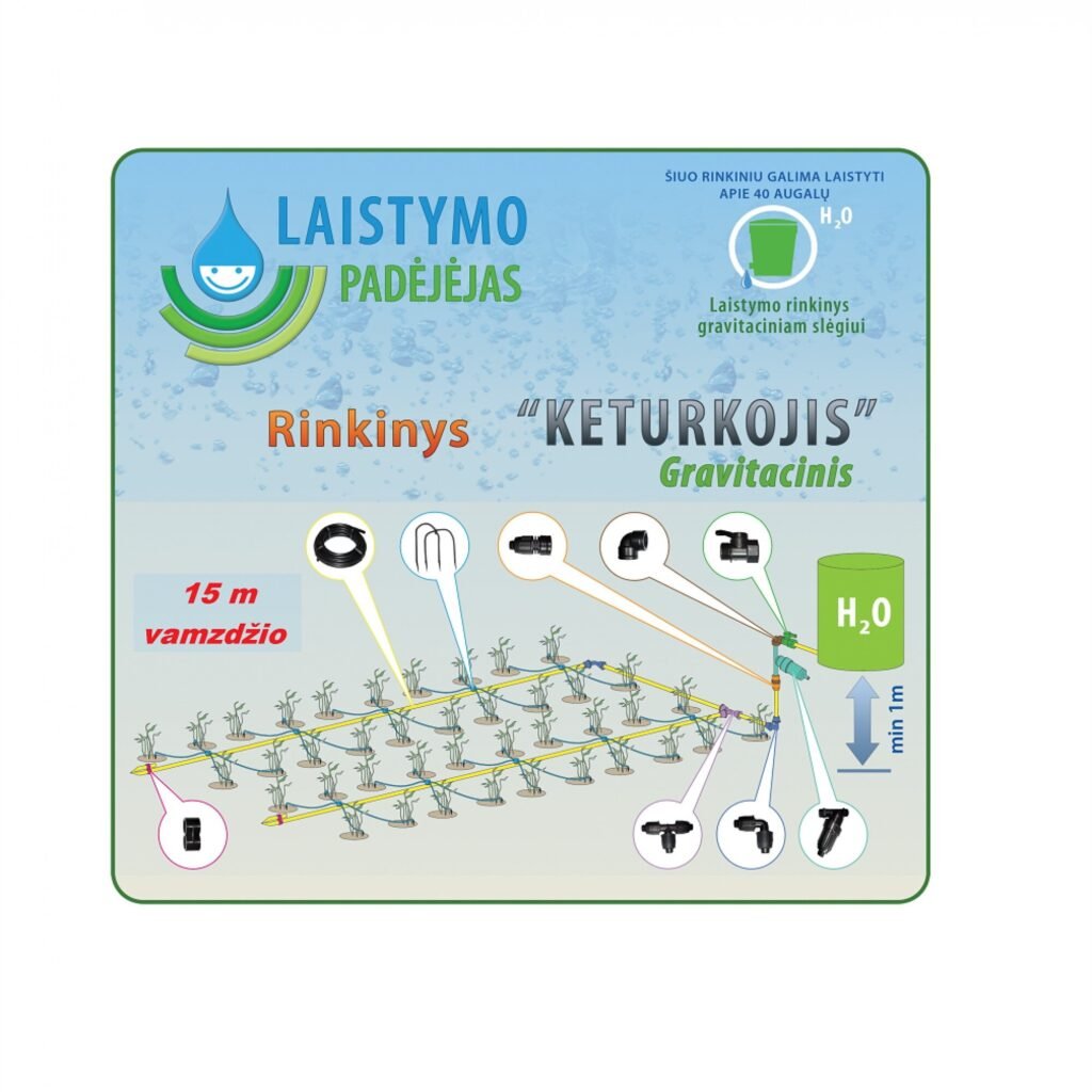 Lašelinio laistymo rinkinys „Keturkojis“ gravitaciniam slėgiui (vamzdis - 15 m)