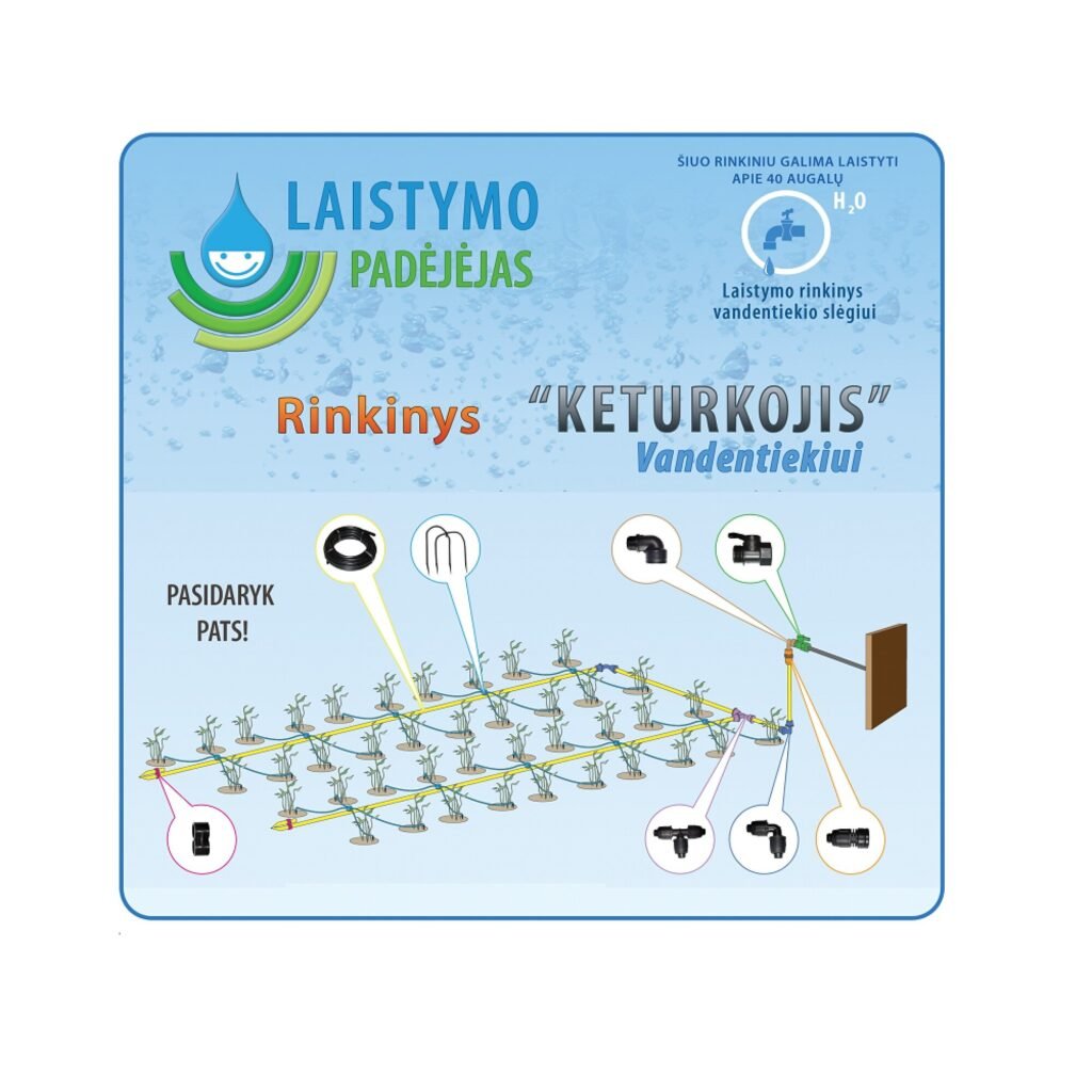 Lašelinio laistymo rinkinys „Keturkojis“ vandentiekio slėgiui (Vamzdis - 10 m)