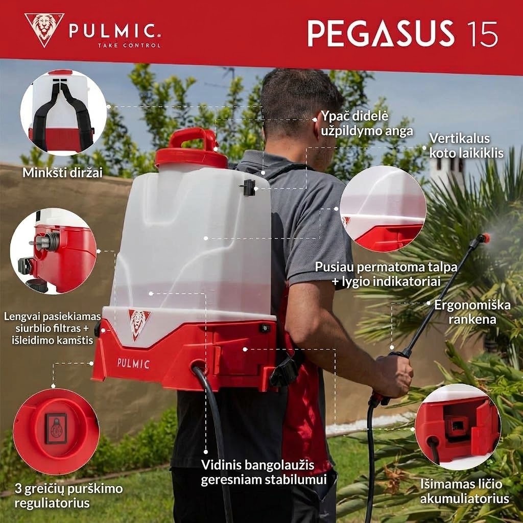 Akumuliatorinis sodo purkštuvas Pulmic Pegasus 15L su ličio baterija + Dovana - Image 3
