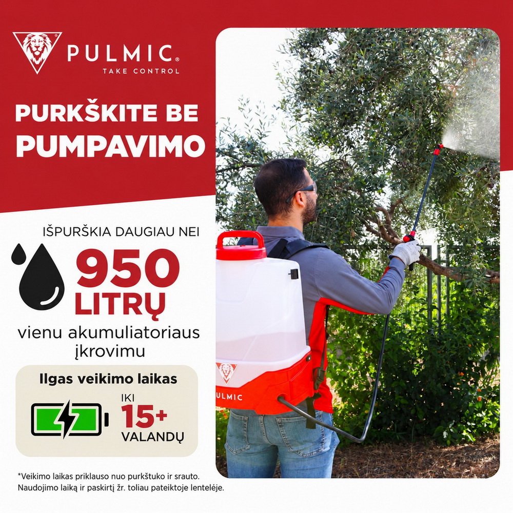 Akumuliatorinis sodo purkštuvas Pulmic Pegasus 15L su ličio baterija + Dovana - Image 2