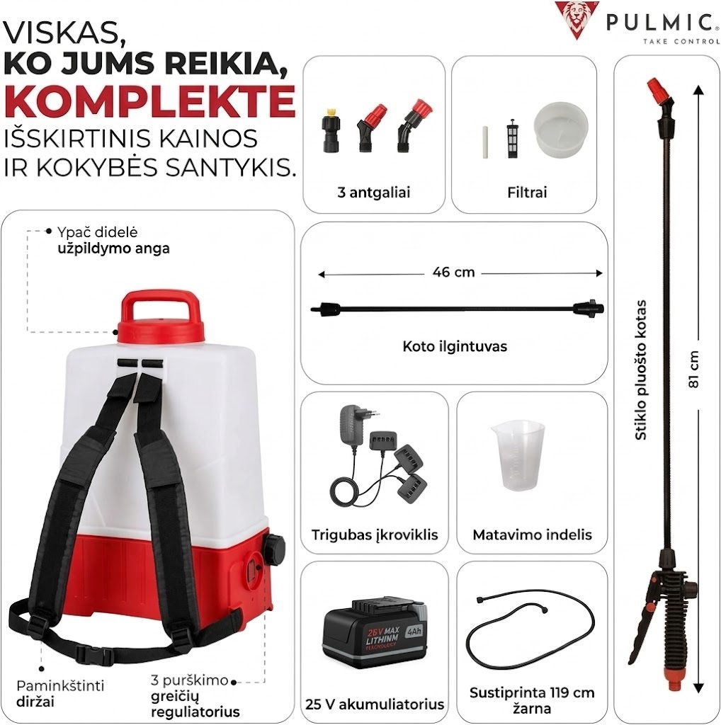Akumuliatorinis sodo purkštuvas Pulmic Pegasus 15L su ličio baterija + Dovana - Image 4