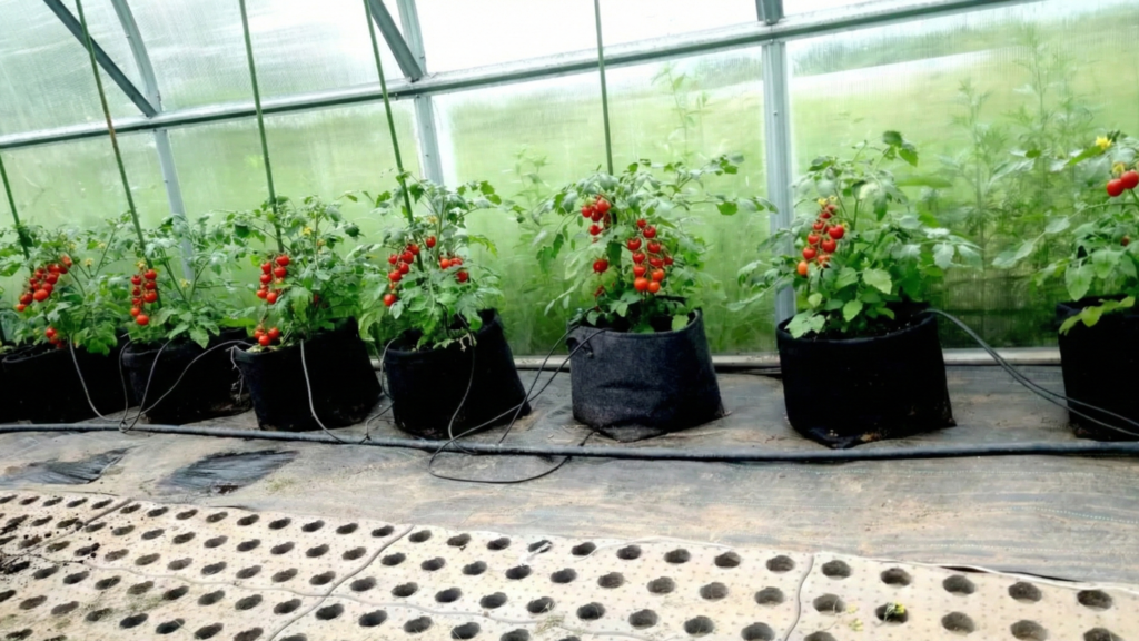 Pomidorai auga šiltnamyje vazonuose.