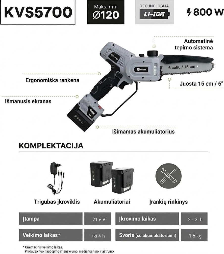 Akumuliatorinis grandininis pjūklas Kamikaze KVS5700 - Image 3